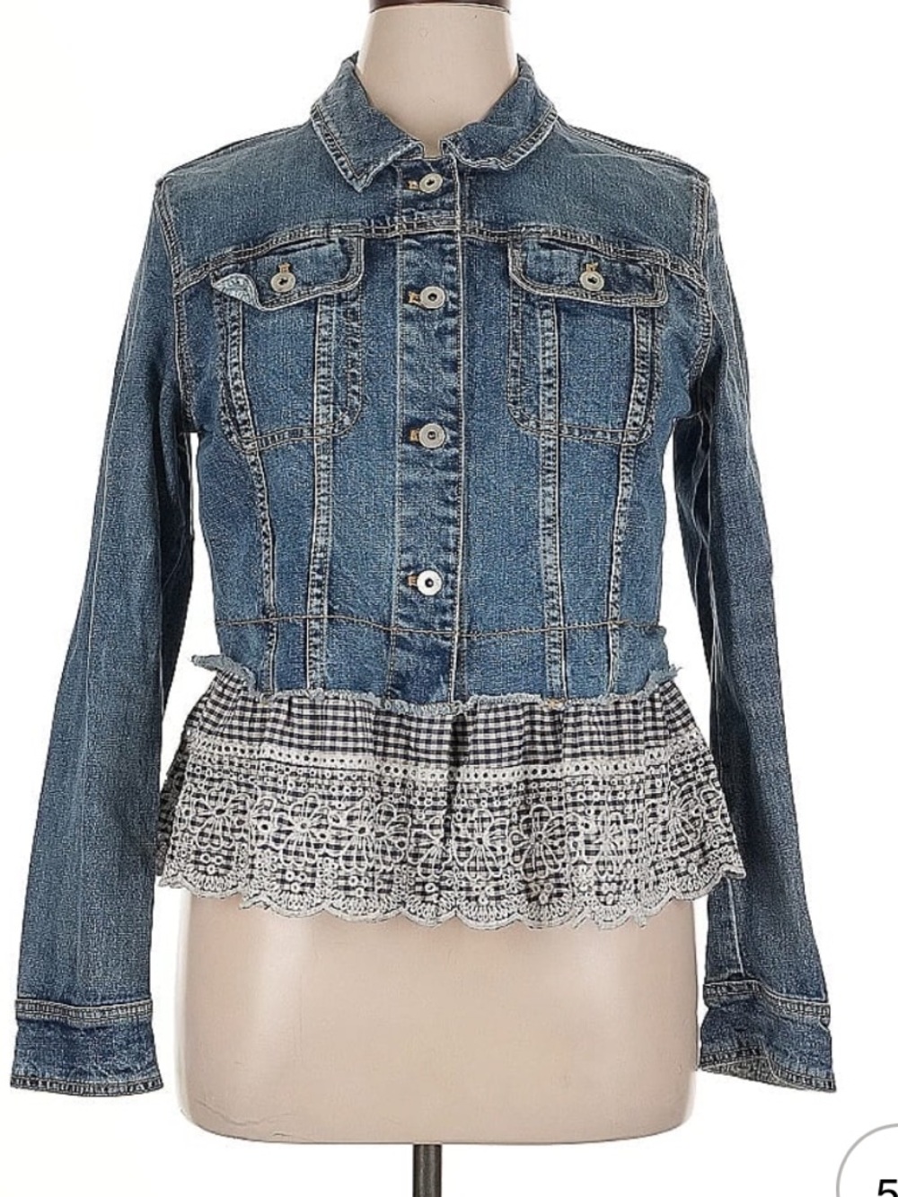 Pilcro and the Letterpress Blue Denim Jacket with Black-and-White Lace Peplum
